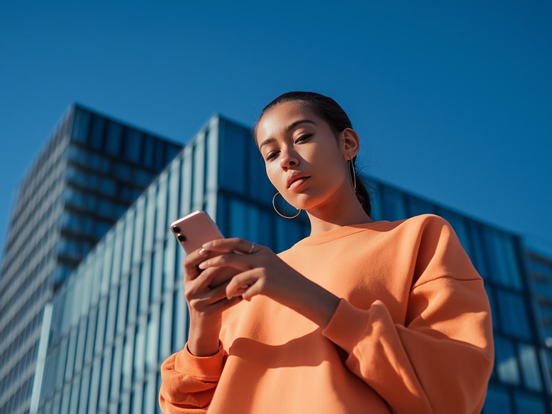 Flicka som håller sin smartphone med hjälp av sätets fjärrfunktioner