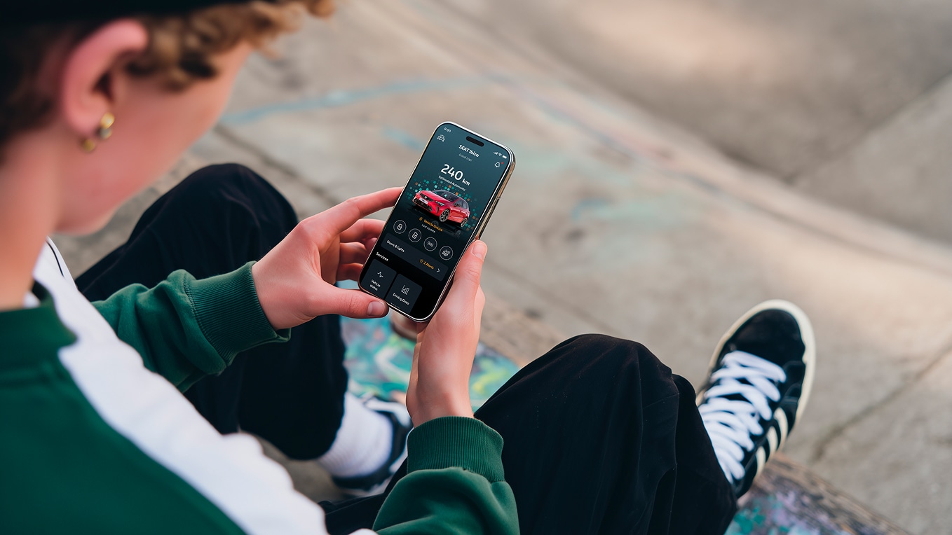 Person holding their smartphone using seat’s remote functions
